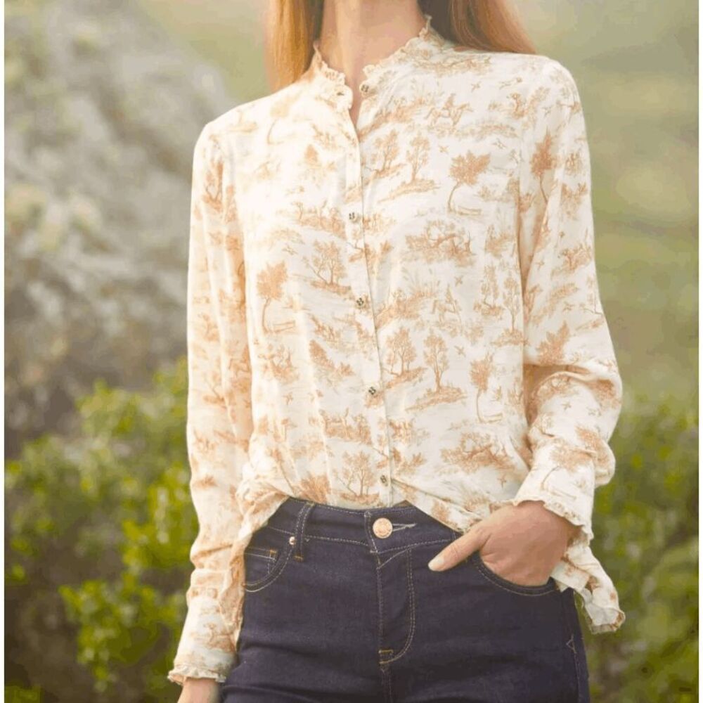 Ariat Clarion Blouse Lightweight‎ Viscose Toile Western Print Ruffles Size XS